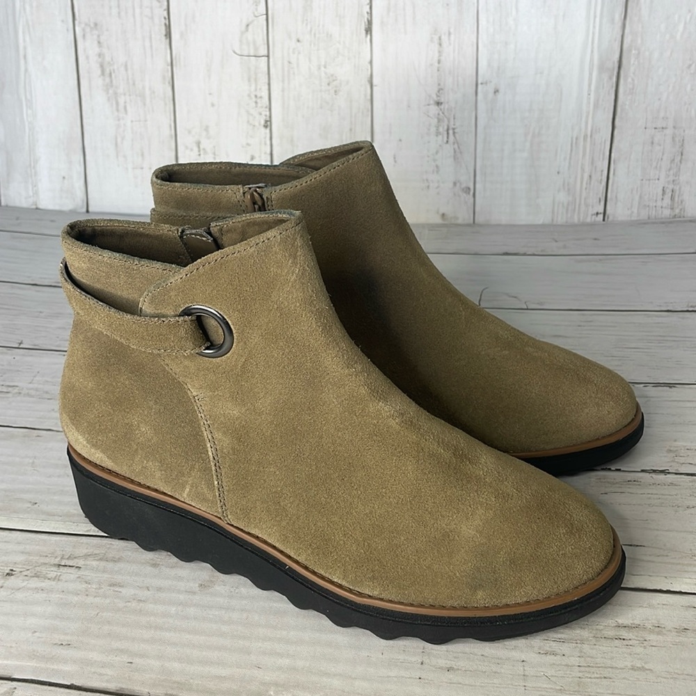 Clarks Sharon Spring Camel Suede Wedge Ankle Boot
